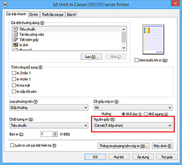 hình: Nguồn giấy trên tab Cài đặt nhanh