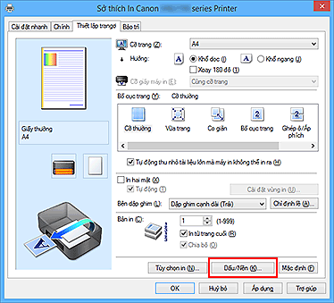 hình: Dấu/Nền... trên tab Thiết lập trang