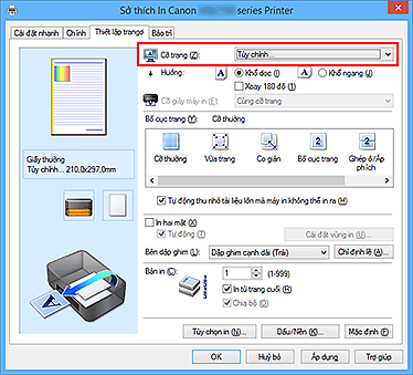 hình: Chọn Tùy chỉnh cho Cỡ trang trên tab Thiết lập trang