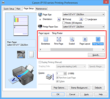 фигура: Избиране на „Tiling/Poster” за „Page Layout” в раздела „Page Setup”