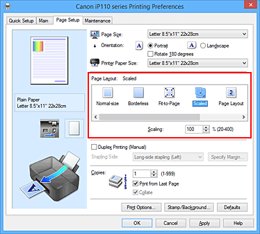 фигура: Избиране на „Scaled” за „Page Layout” в раздела „Page Setup”