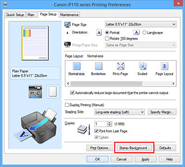 фигура: „Stamp/Background...” в раздела „Page Setup”