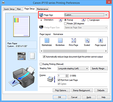 фигура: Избиране на Custom за „Page Size” в раздела „Page Setup”