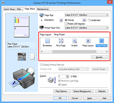 figure:Select Tiling/Poster for Page Layout on the Page Setup tab