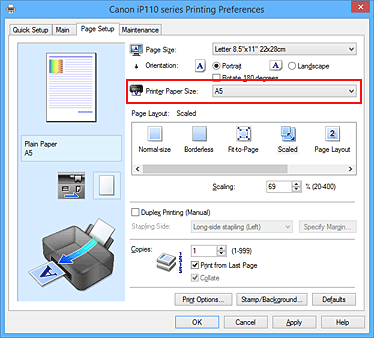 figure:Printer Paper Size on the Page Setup tab