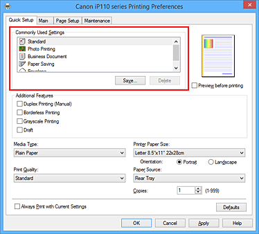 Imagen: Configuraciones más utilizadas de la ficha Configuración rápida