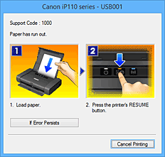 Imagen: mensaje de error del Monitor de estado Canon IJ