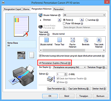 gambar: Kotak centang Pencetakan Dupleks (Manual) pada tab Pengesetan Halaman