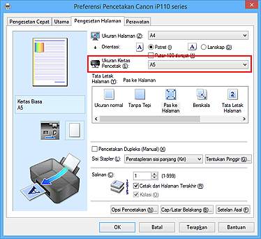 gambar: Ukuran Kertas Pencetak pada tab Pengesetan Halaman