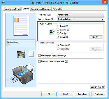 gambar: Pilih pada tab Utama, pilih Serasi untuk Kualitas Cetak