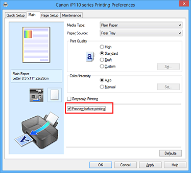 attēls: izvēles rūtiņa Priekšskatīt pirms drukāšanas cilnē Galvenie iestatījumi