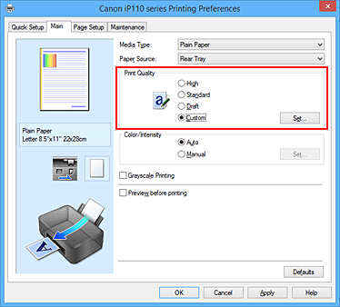 attēls: cilnē Galvenie iestatījumi atlasiet Pielāgota opcijai Drukas kvalitāte