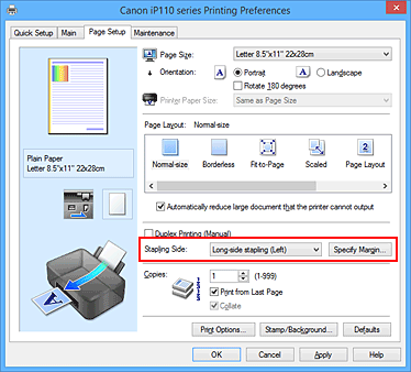 attēls: skavošanas puse cilnē Lapas iestatījums