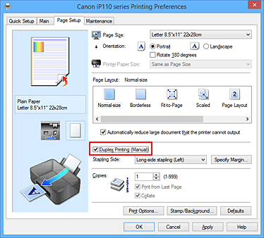 figura: Caixa de seleção Impressão (Manual) Duplex na guia Configurar Página