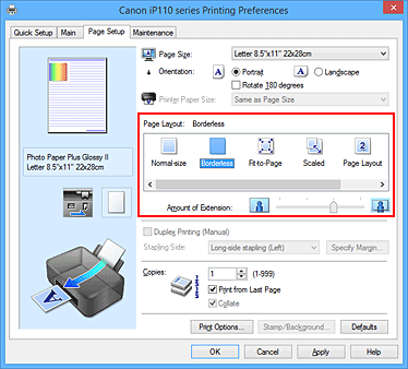 slika: v nastavitvi Page Layout na kartici Page Setup izberite Borderless