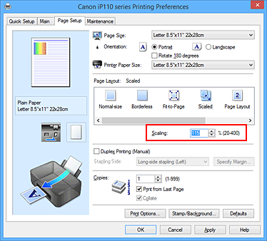 slika: možnost Scaling na kartici Page Setup