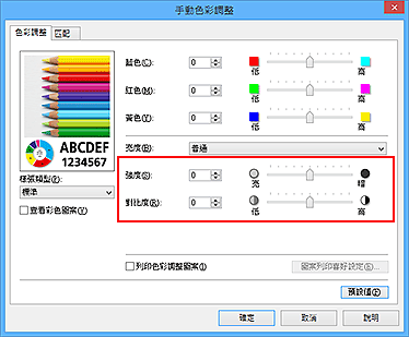 插圖：[手動色彩調整]對話方塊中的強度/對比度