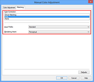 الشكل:تحديد ICM لخيار تصحيح الألوان في مربع الحوار ضبط الألوان اليدوي