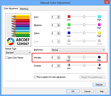 figure:Intensity in the Manual Color Adjustment dialog box
