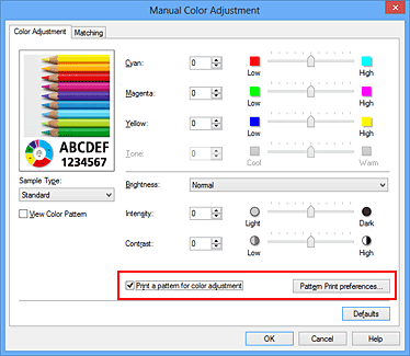 figure:Select Print a pattern for color adjustment on the Color Adjustment tab