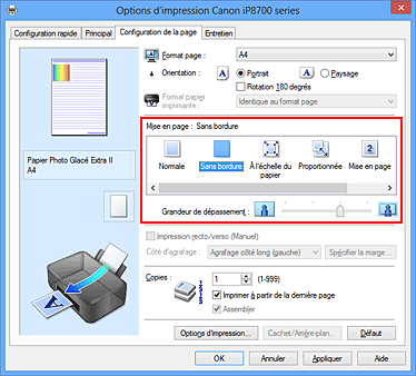 figure : Sélectionnez Sans bordure comme Mise en page dans l'onglet Configuration de la page.