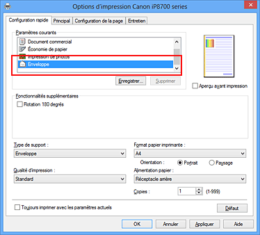 figure : Sélectionnez Enveloppe dans Paramètres courants dans l'onglet Configuration rapide.