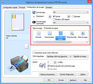 figure : Sélectionnez À l'échelle du papier comme Mise en page dans l'onglet Configuration de la page.