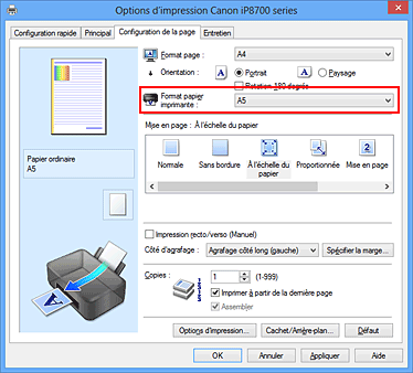 figure : Format papier imprimante dans l'onglet Configuration de la page