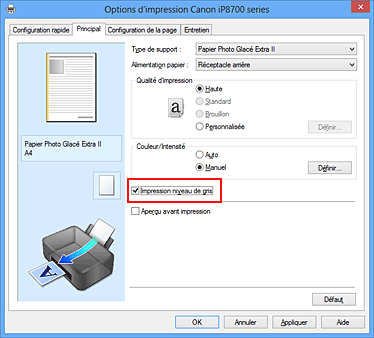figure : Case à cocher Impression niveau de gris dans l'onglet Principal