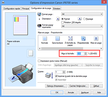 figure : Mise à l'échelle dans l'onglet Configuration de la page