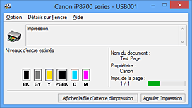 figure : Écran d'état d'imprimante Canon IJ