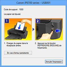 figure : Écran d'état d'imprimante Canon IJ-Affichage d'une erreur