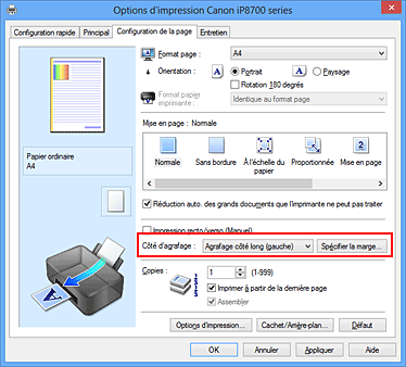 figure : Côté d'agrafage dans l'onglet Configuration de la page