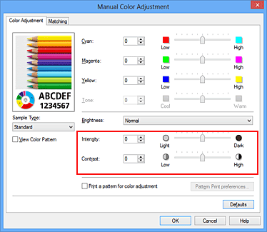 slika: Intenzitet/kontrast u dijaloškom okviru Ručna prilagodba boje