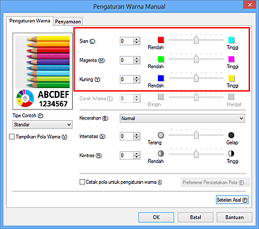 gambar: Keseimbangan warna pada kotak dialog Pengaturan Warna Manual