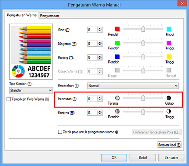 gambar: Intensitas dalam kotak dialog Pengaturan Warna Manual