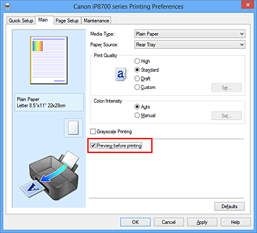 slika: potrditveno polje Preview before printing na kartici Main