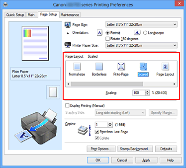 figure:Select Scaled for Page Layout on the Page Setup tab