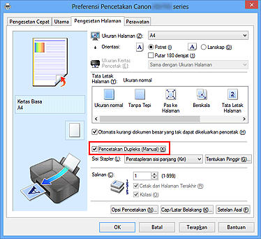gambar: Kotak centang Pencetakan Dupleks (Manual) pada tab Pengesetan Halaman
