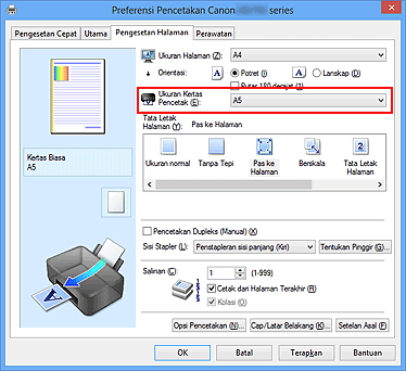 gambar: Ukuran Kertas Pencetak pada tab Pengesetan Halaman