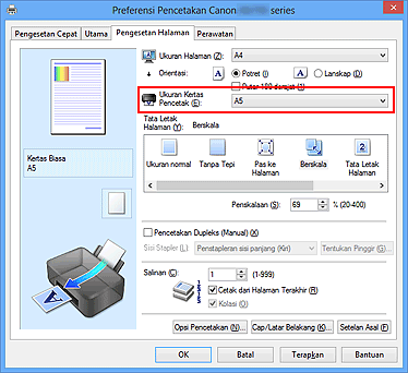 gambar: Ukuran Kertas Pencetak pada tab Pengesetan Halaman