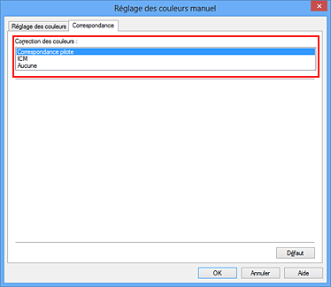 figure : Sélectionnez Correspondance pilote pour Correction des couleurs dans la boîte de dialogue Réglage des couleurs manuel.