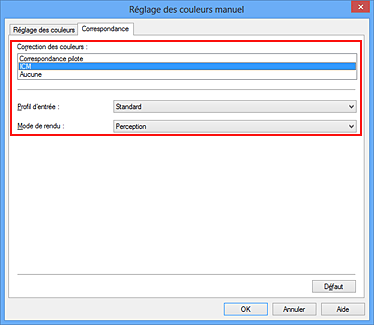 figure : Sélectionnez ICM pour Correction des couleurs dans la boîte de dialogue Réglage des couleurs manuel.