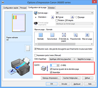 figure : Copies dans l'onglet Configuration de la page