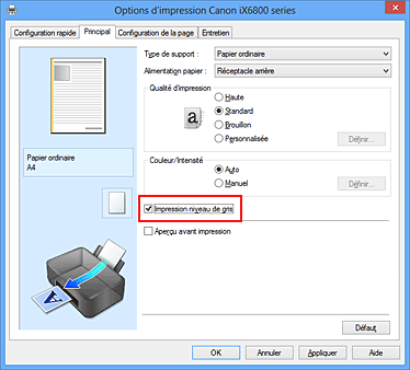 figure : Case à cocher Impression niveau de gris dans l'onglet Principal