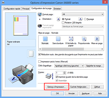 figure : Options d'impression... dans l'onglet Configuration de la page