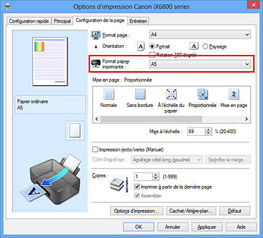 figure : Format papier imprimante dans l'onglet Configuration de la page