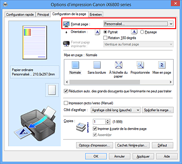 figure : Sélectionnez Personnalisé pour Format page dans l'onglet Configuration de la page.