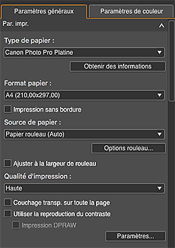 figure : Onglet Paramètres généraux (Paramètres d'impression)