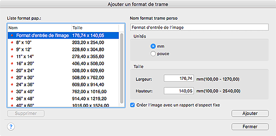 figure : Boîte de dialogue Ajouter un format de trame